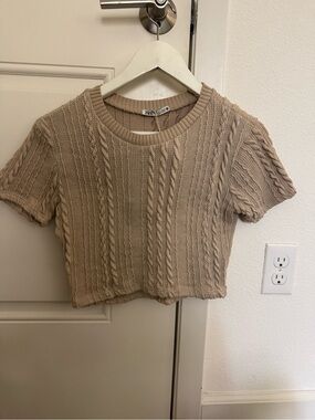 Zara Beige Cable-Knit Cropped Short-Sleeve Sweater
